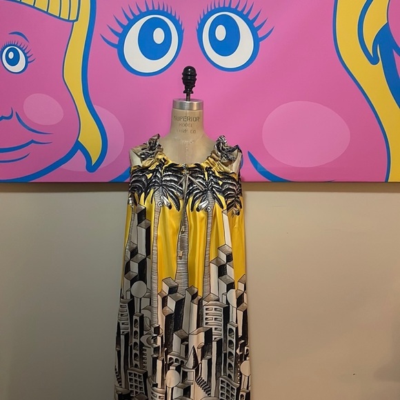 JC de Castelbajac Yellow Black Maxi Dress Camr Camera Act Print NWT - Picture 1 of 16